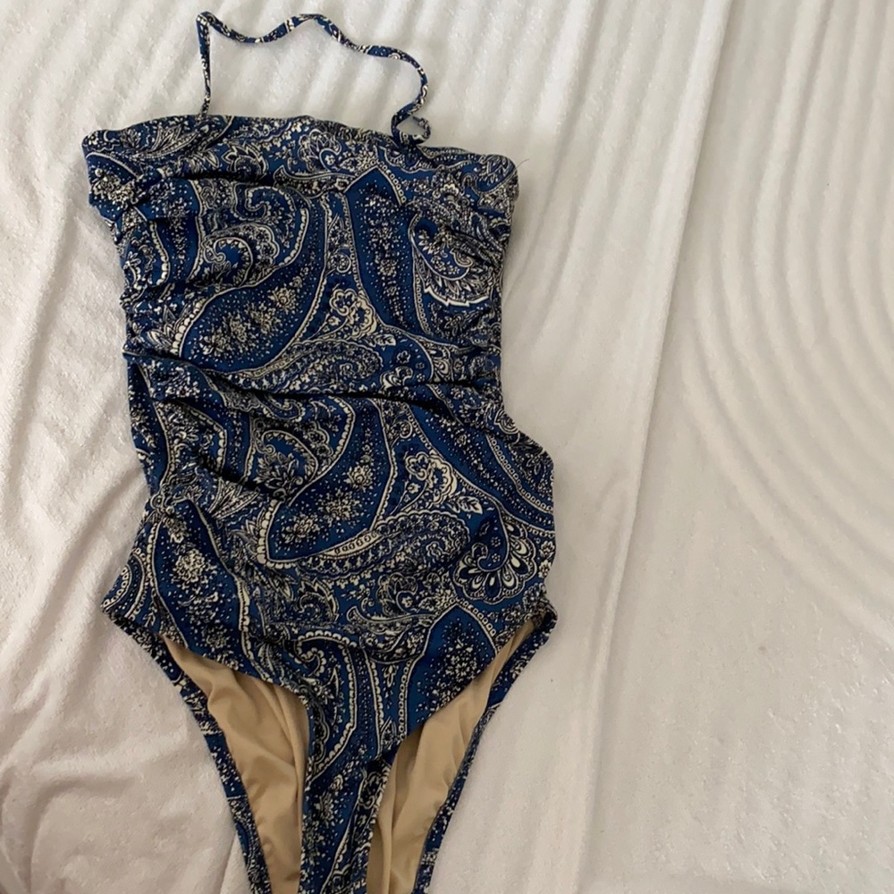 J crew paisley navy blue ruched one piece swimsuit
